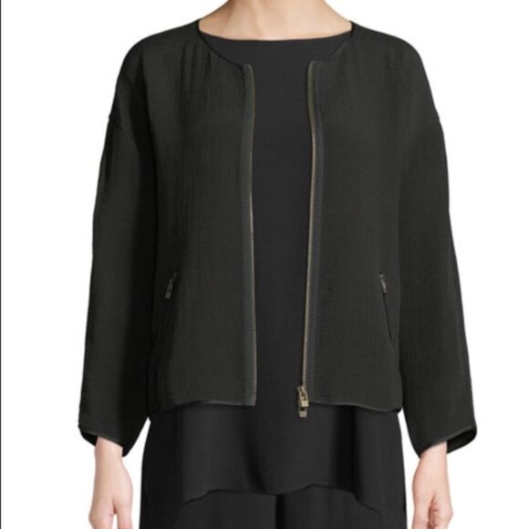 EILEEN FISHER black Silk Sponge round neck bracelet sleeve jacket with 2-way zip - Picture 1 of 8